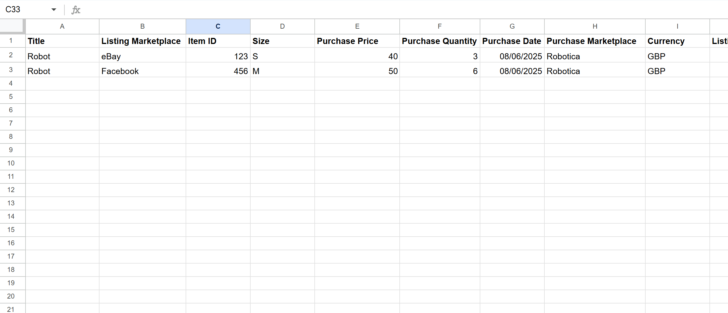 Spreadsheet image of data to upload
