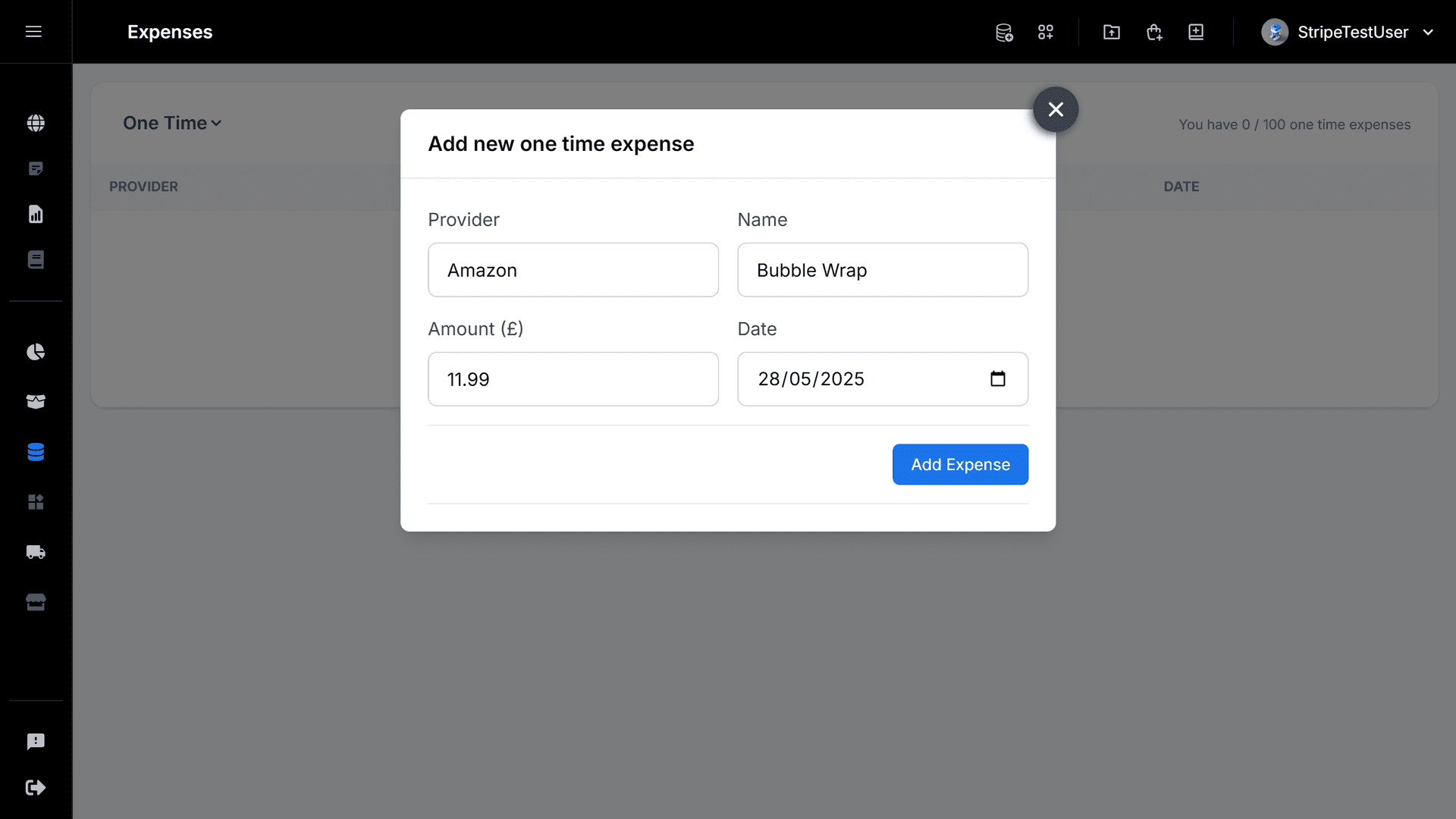 Expense modal with fields for amount, category, and notes