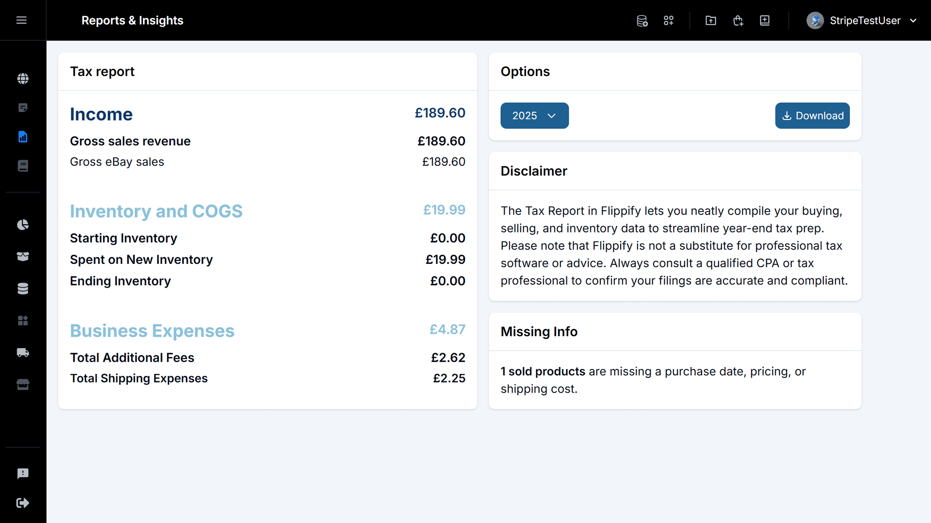 Tax reporting dashboard showing summary cards for income, inventory, COGS, and expenses