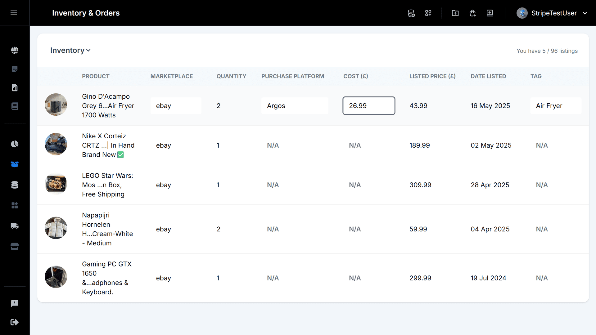 Editable table with inventory and order columns