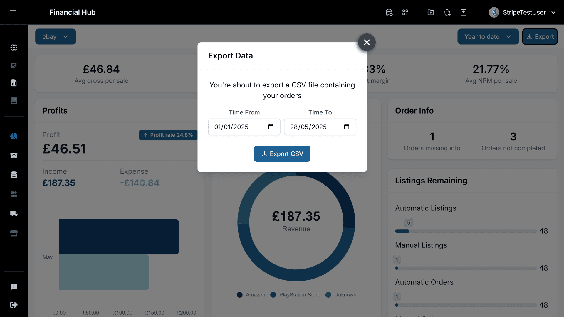 Export dialog with options to download order data as CSV