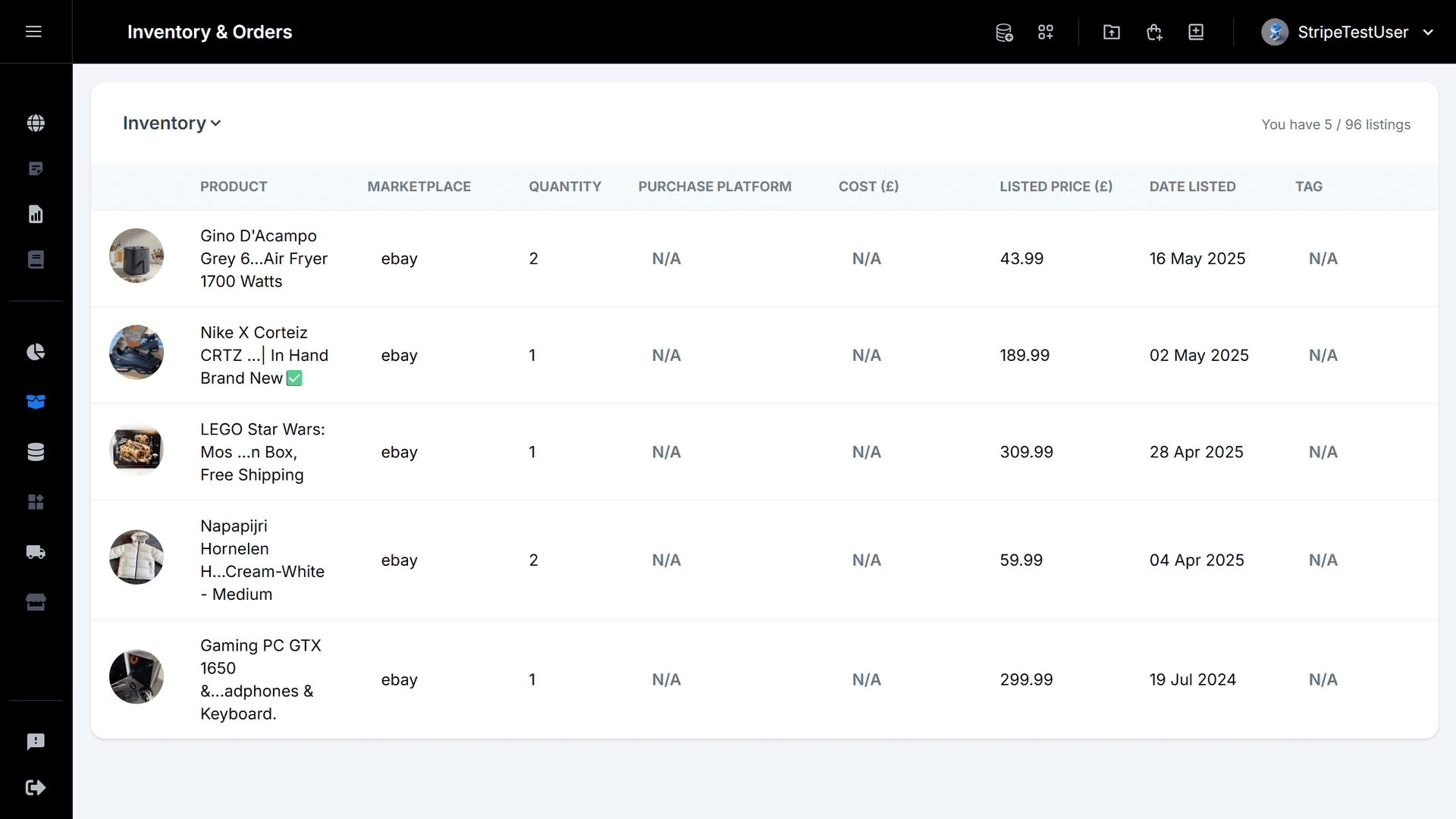Dashboard view showing synced inventory items from eBay